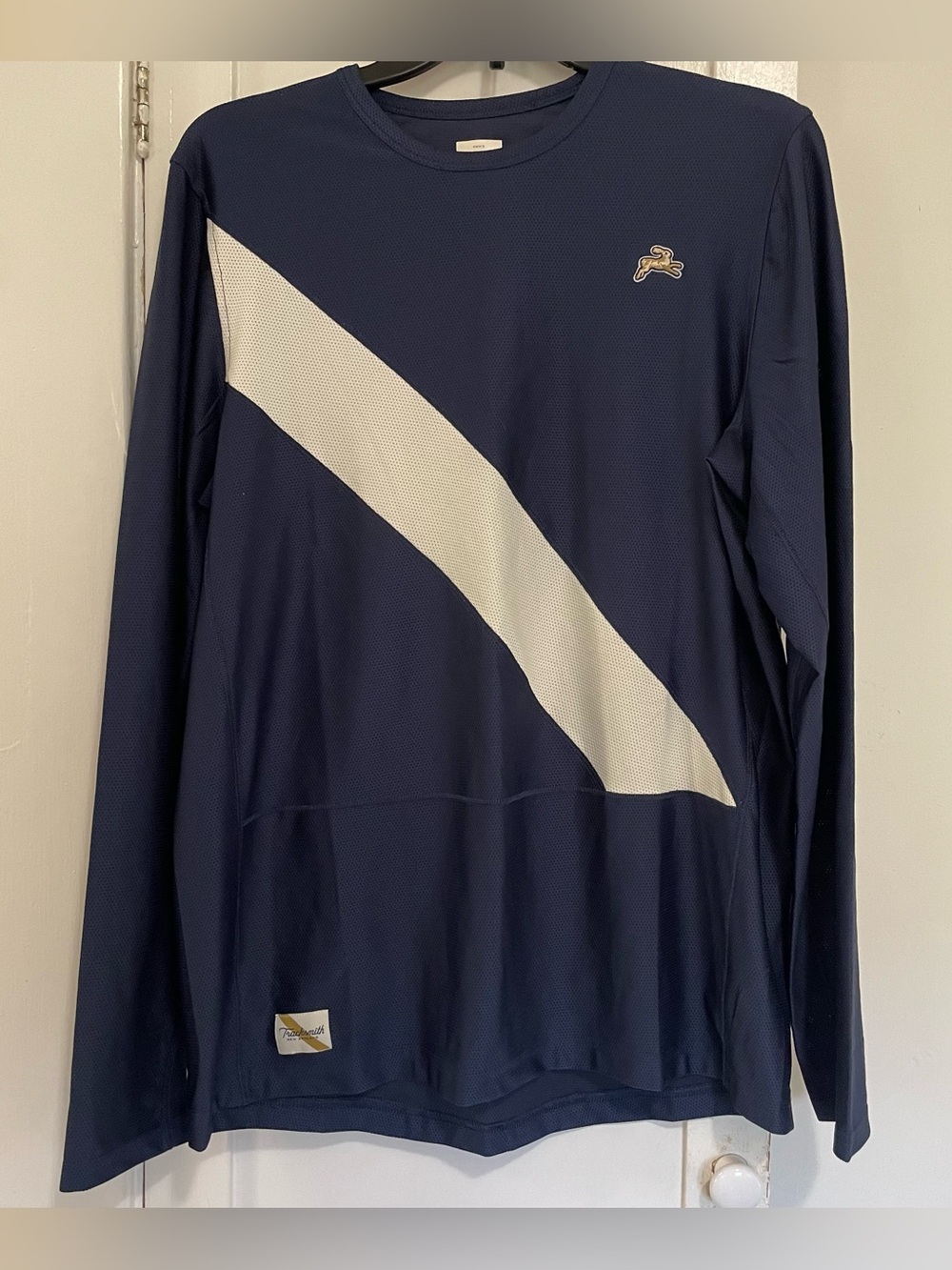 Tracksmith Navy Long-Sleeve Athletic Tee with White Diagonal Panel